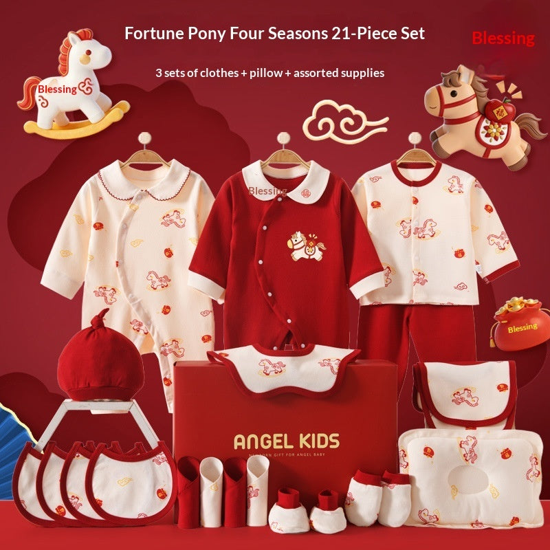 Sea Dragon Dreams newborn 21-piece cotton clothing gift set in red and cream with pony motifs and baby accessories.