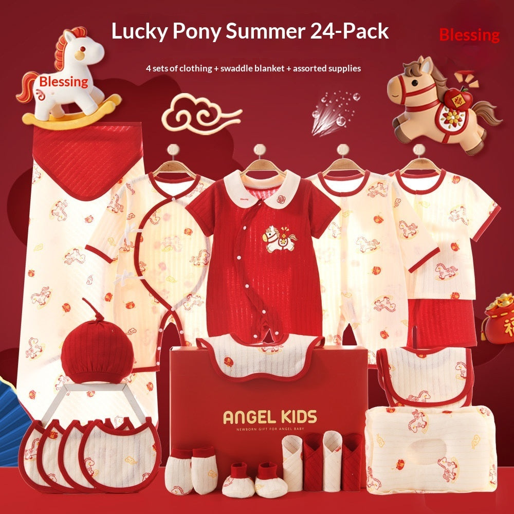 Sea Dragon Dreams newborn 24-piece cotton clothing gift set with lucky pony patterns, red and cream tones.