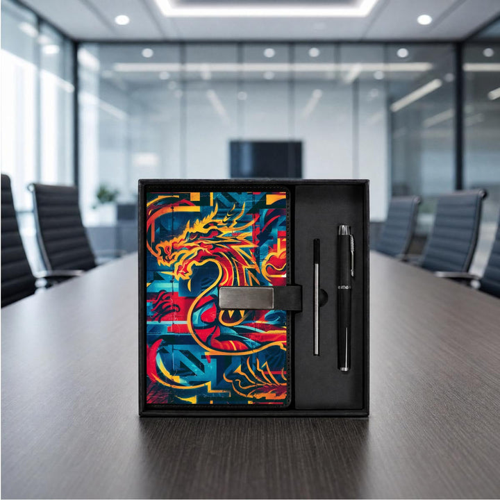 Sea Dragon Dreams notebook gift set featuring vibrant dragon artwork and a matching black metal pen in a display box.