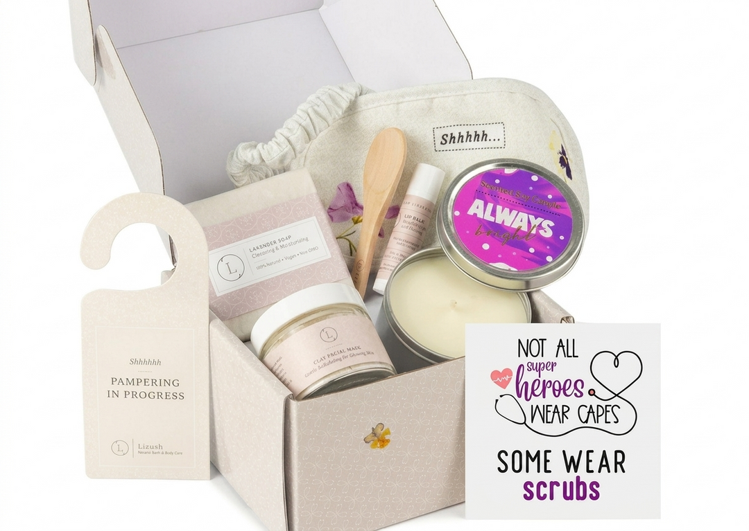 Sea Dragon Dreams spa gift box for nurses featuring lavender soap, clay mask, soy candle, lip balm, and eye mask.