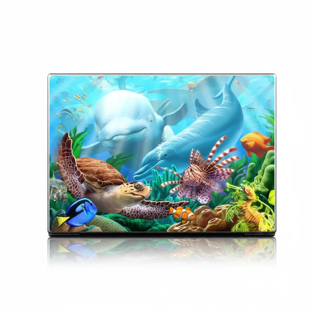 Sea Dragon Dreams laptop skin featuring a vibrant coral reef scene with dolphins, a sea turtle, and tropical fish.