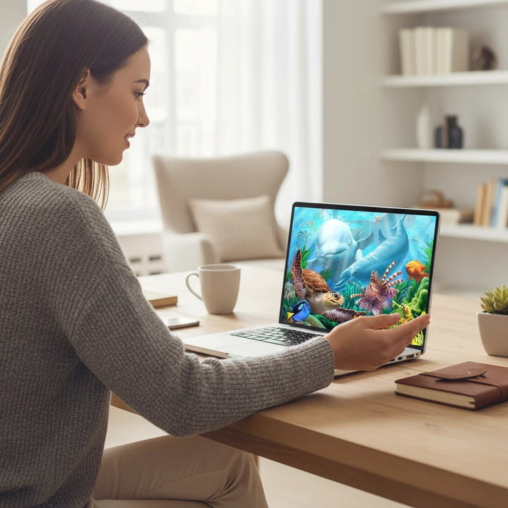 Sea Dragon Dreams laptop skin featuring a vibrant coral reef, sea turtle, and dolphins on a woman's laptop at a desk.
