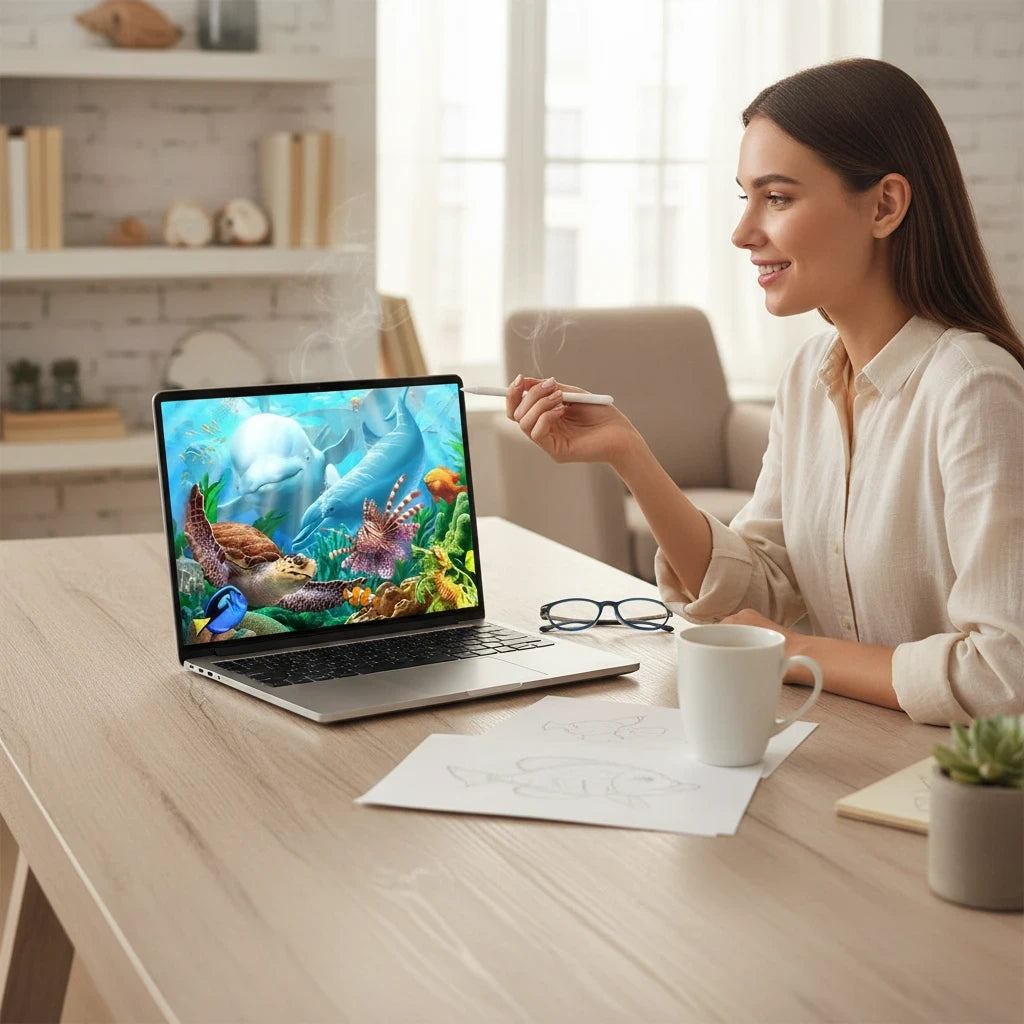 Sea Dragon Dreams laptop skin featuring a vibrant coral reef scene with dolphins and a sea turtle on a woman's laptop