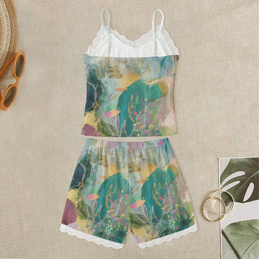 Sea Dragon Dreams women's pajama set with ocean-themed print, lace-trim camisole top, and matching shorts.