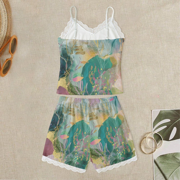 Sea Dragon Dreams women's pajama set with ocean-themed print, lace-trim camisole top, and matching shorts.