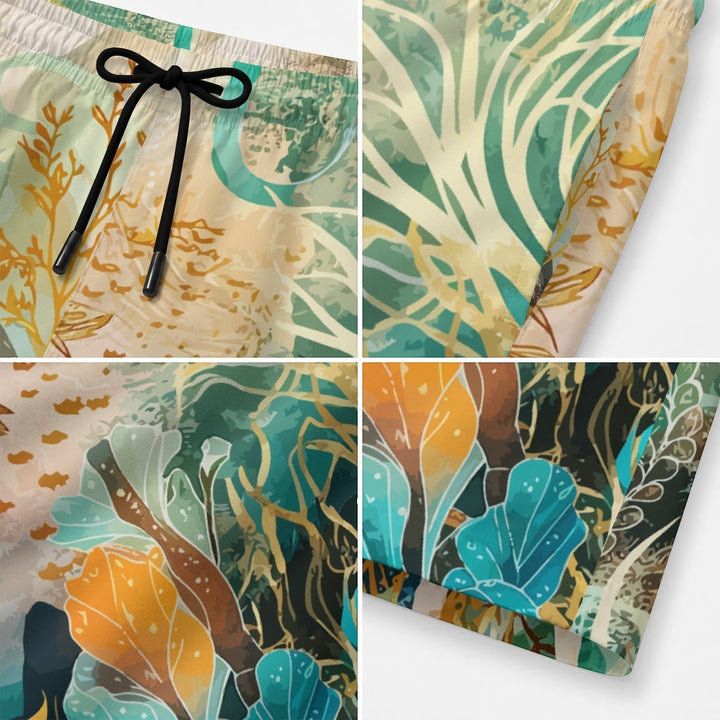 Sea Dragon Dreams swim shorts featuring a vibrant ocean-inspired print with coral, seaweed, and teal aquatic patterns.