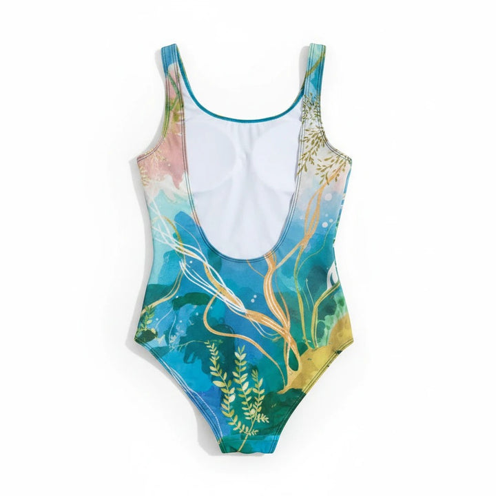 Sea Dragon Dreams one-piece swimsuit featuring an ocean seaweed print with a low scoop back and cheeky fit