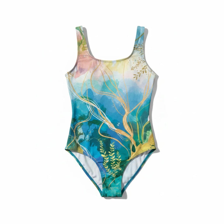 Sea Dragon Dreams one-piece swimsuit in ocean seaweed print with scoop neckline and cheeky fit