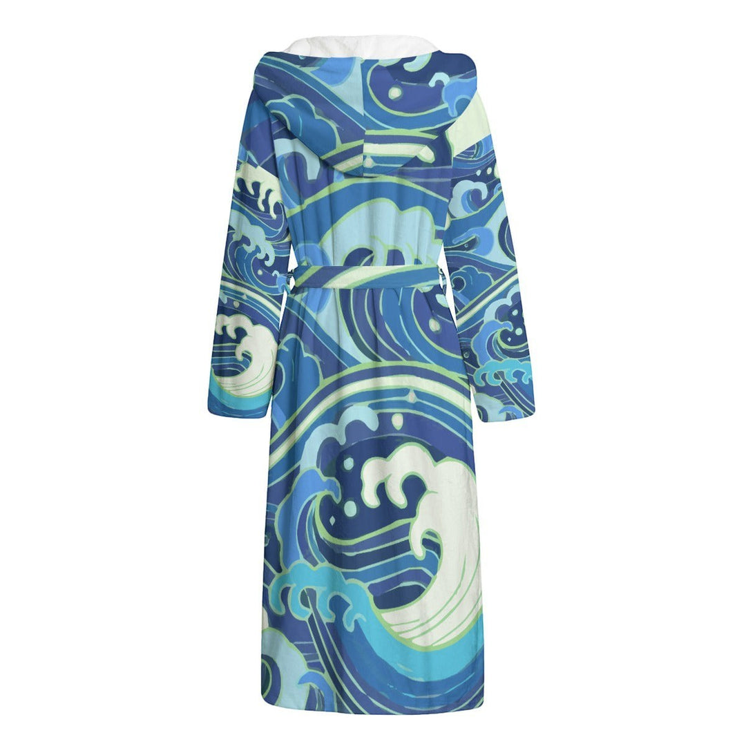 Sea Dragon Dreams unisex flannel hooded bathrobe featuring a blue and white ocean wave pattern on plush fabric