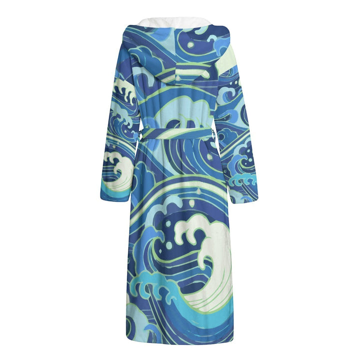 Sea Dragon Dreams unisex flannel hooded bathrobe featuring a blue and white ocean wave pattern on plush fabric