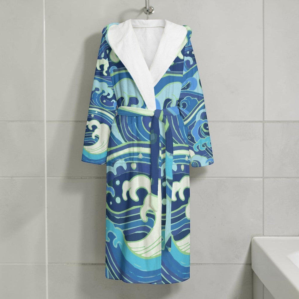 Sea Dragon Dreams unisex flannel hooded bathrobe featuring a blue and white ocean wave pattern and white plush lining.