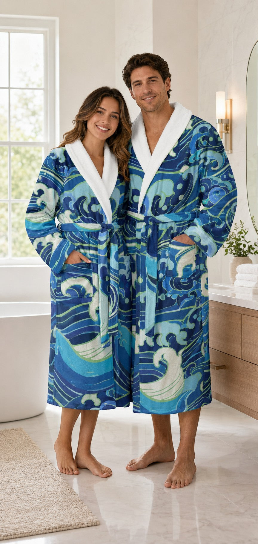 Sea Dragon Dreams unisex flannel hooded bathrobe featuring a blue and white ocean wave pattern in a cozy bathroom.