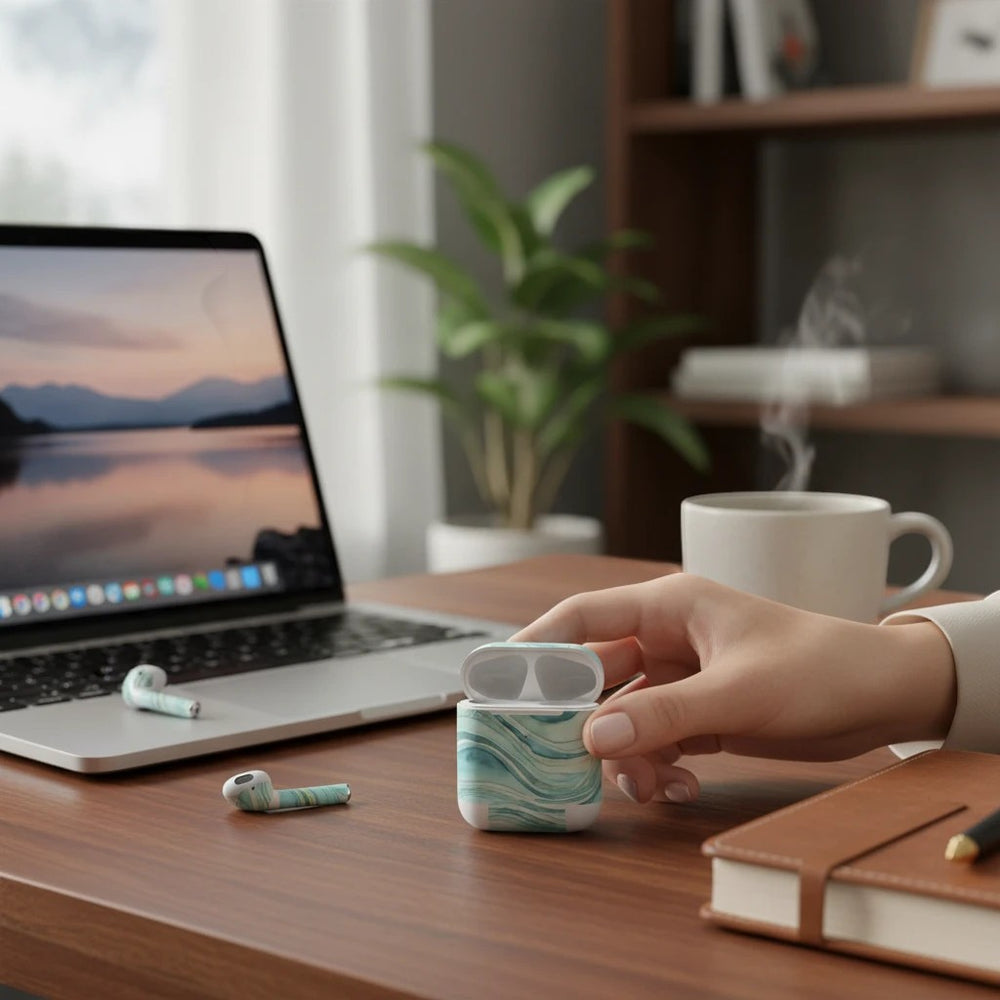 Sea Dragon Dreams ocean waves vinyl skin on an Apple AirPods case held by a hand on a desk with a laptop and coffee.