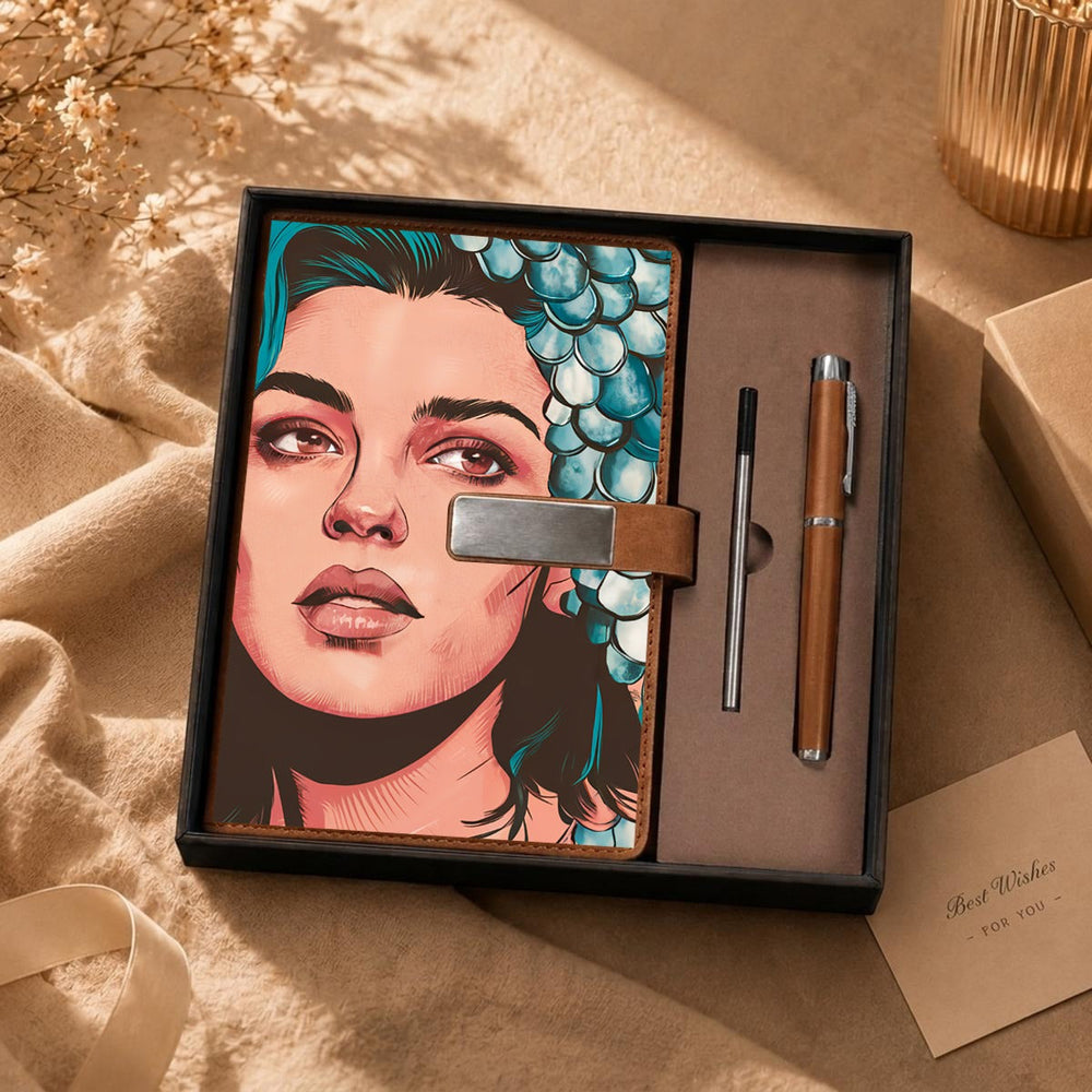Sea Dragon Dreams Ocean Woman notebook gift set featuring a mermaid-themed journal and matching metal pen in a box.