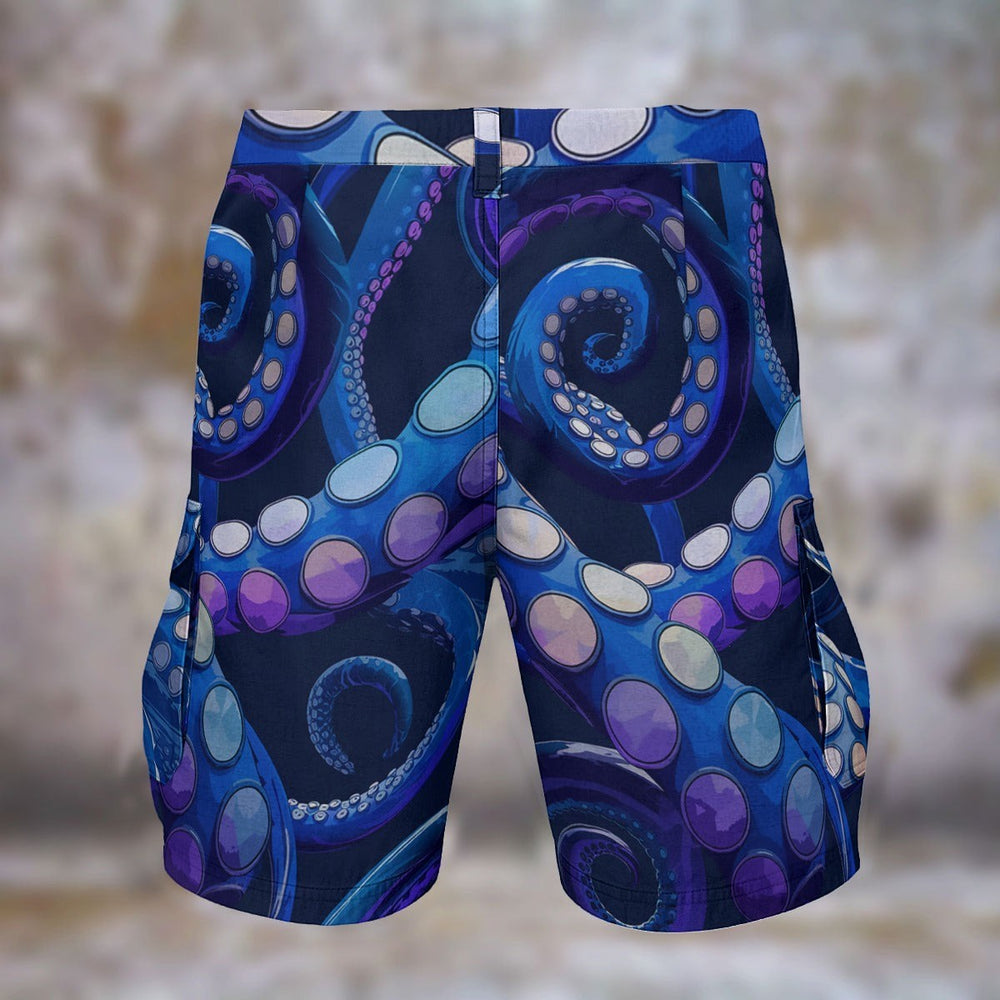 Sea Dragon Dreams men's cargo shorts featuring a vibrant blue and purple octopus tentacle pattern in polyester