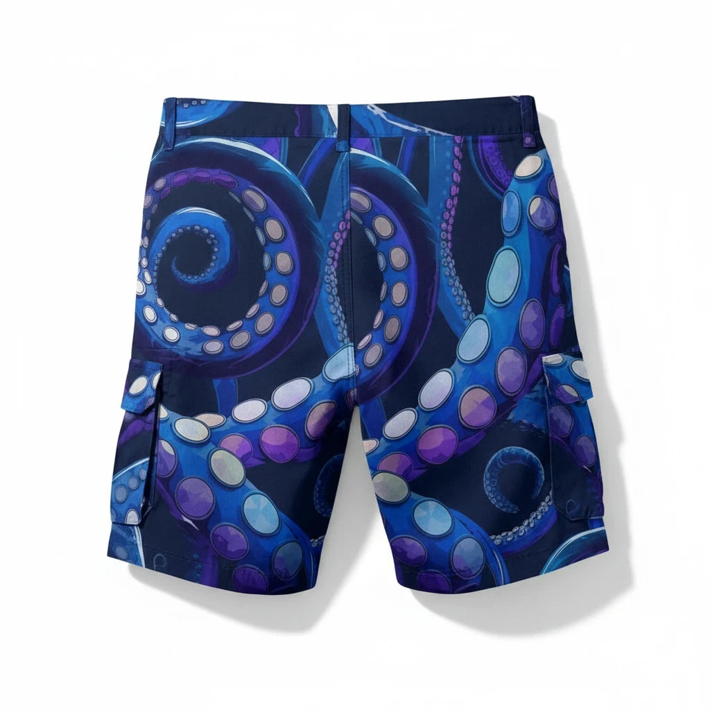 Sea Dragon Dreams men's cargo shorts featuring a vibrant blue and purple octopus tentacle pattern on polyester fabric.