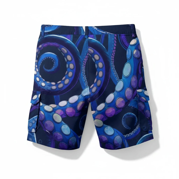 Sea Dragon Dreams men's cargo shorts featuring a vibrant blue and purple octopus tentacle pattern on polyester fabric.