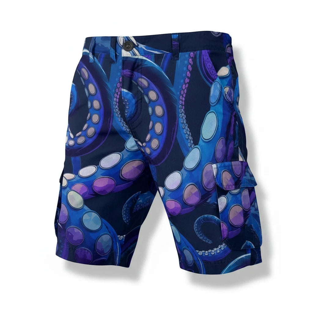 Sea Dragon Dreams men's cargo shorts in blue and purple with a detailed octopus tentacle pattern and side pockets.