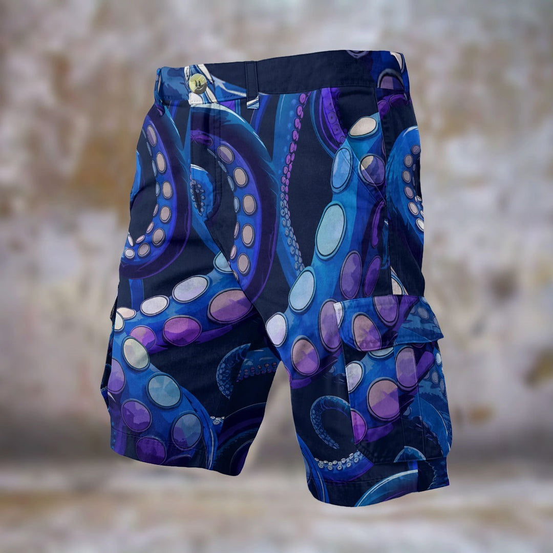 Sea Dragon Dreams men's cargo shorts featuring a vibrant blue and purple octopus tentacle pattern in polyester fabric.