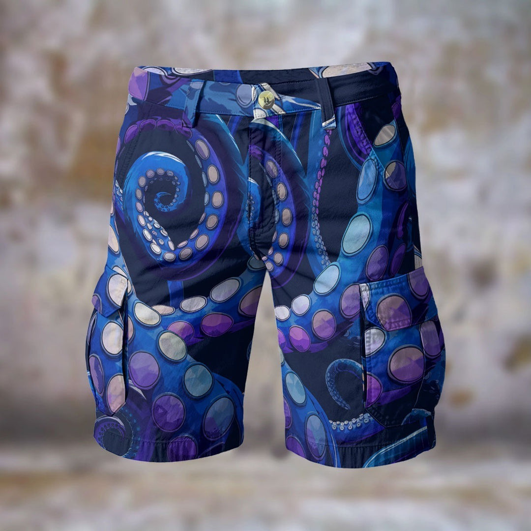 Sea Dragon Dreams men's cargo shorts featuring a vibrant blue and purple octopus tentacle pattern in polyester fabric.