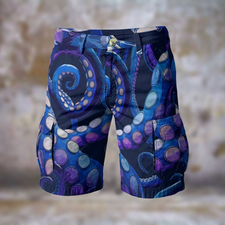Sea Dragon Dreams men's cargo shorts featuring a vibrant blue and purple octopus tentacle pattern in polyester fabric.
