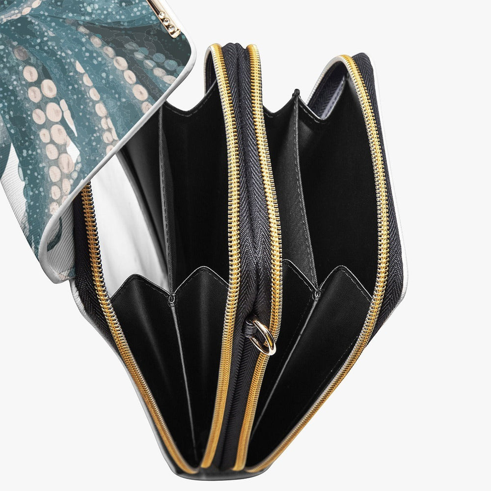 Sea Dragon Dreams octopus print PU chest bag with four internal compartments and gold-tone zippers