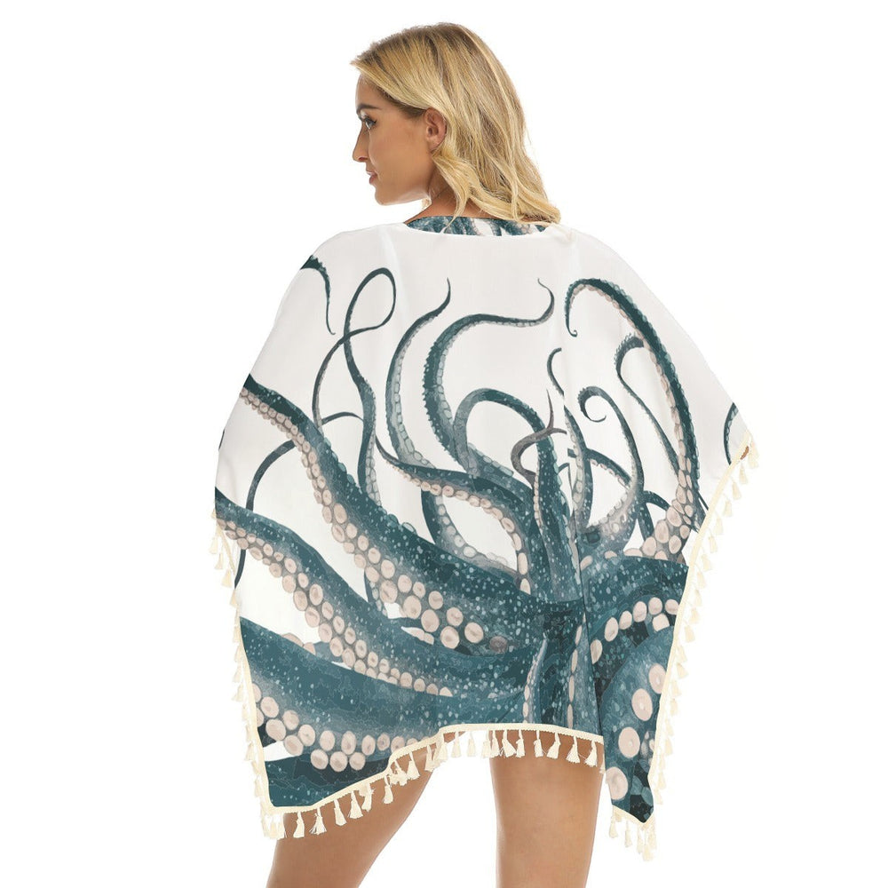 Sea Dragon Dreams square fringed shawl cover-up featuring a detailed blue octopus print on a white background