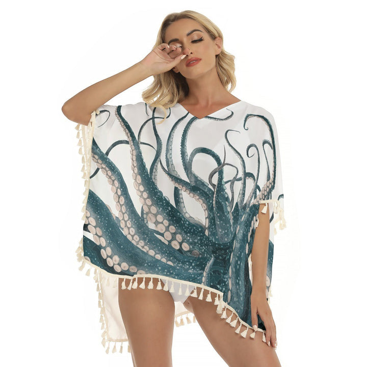 Sea Dragon Dreams square fringed shawl cover-up featuring a teal octopus print on white polyester fabric