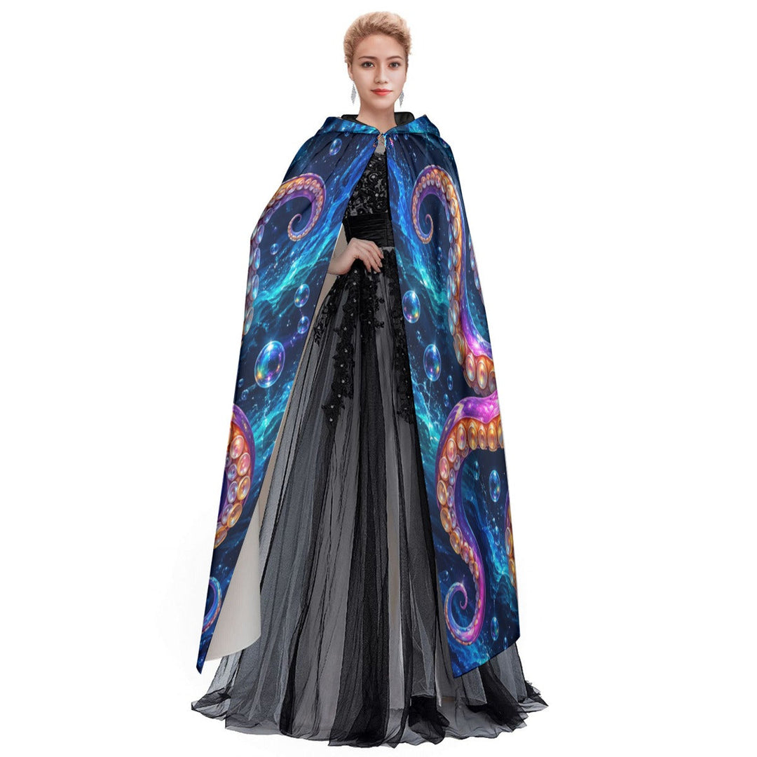 Sea Dragon Dreams unisex hooded cloak featuring vibrant blue and purple octopus tentacle print for fantasy cosplay