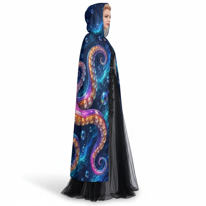 Sea Dragon Dreams unisex hooded cloak featuring a vibrant octopus tentacle design against a deep blue ocean backdrop.