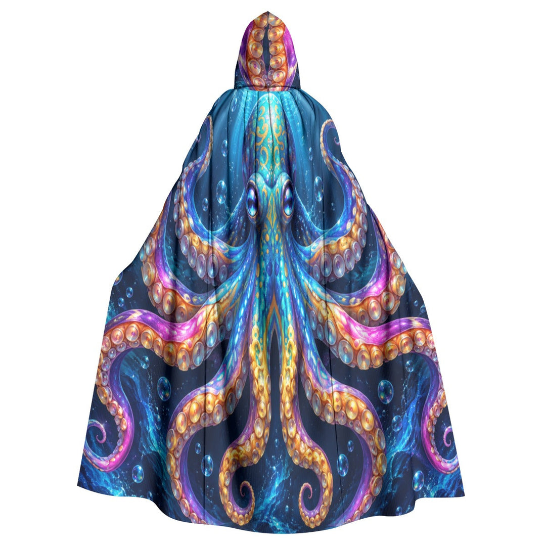 Sea Dragon Dreams unisex hooded cloak featuring vibrant octopus tentacle artwork in shades of blue, purple, and gold.