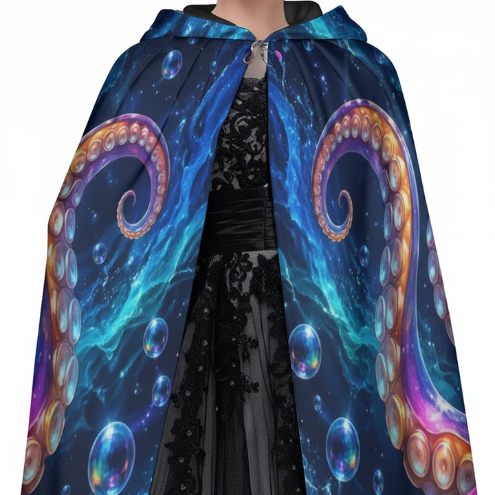 Sea Dragon Dreams unisex hooded cloak featuring vibrant octopus tentacles and blue ocean bubbles on a dark background.