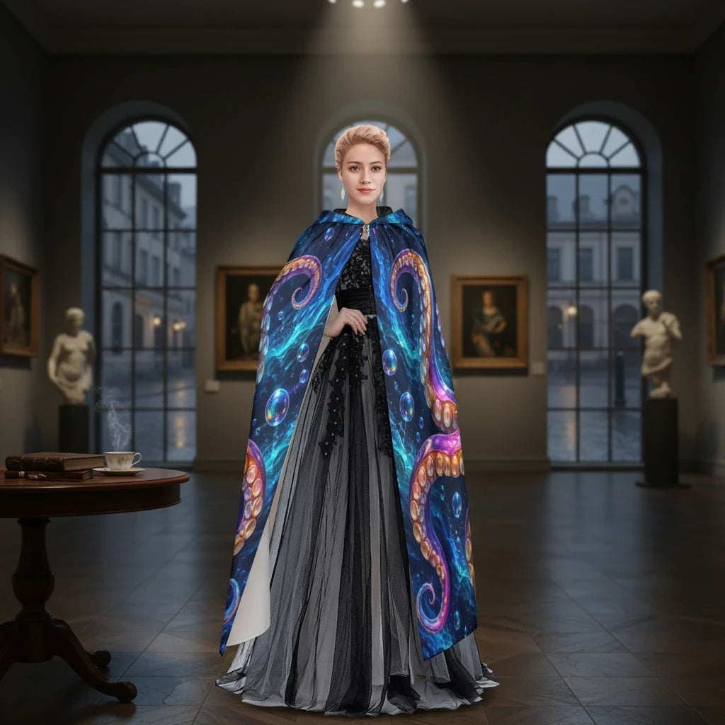 Sea Dragon Dreams unisex hooded cloak featuring vibrant blue and purple octopus tentacles in a museum setting.