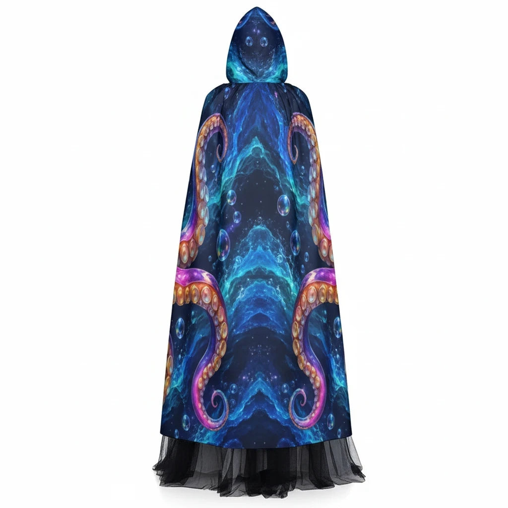 Sea Dragon Dreams unisex hooded cloak featuring a vibrant blue and purple octopus tentacle print with bubbles