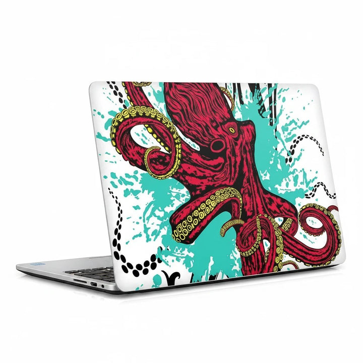 Sea Dragon Dreams octopus laptop lid skin featuring red octopus artwork on a white and teal paint splatter background.
