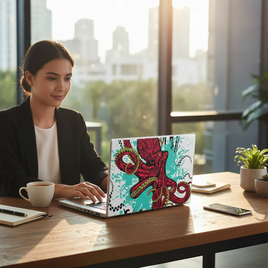 Woman working on a laptop with a Sea Dragon Dreams octopus vinyl skin in a sunlit office with city views.