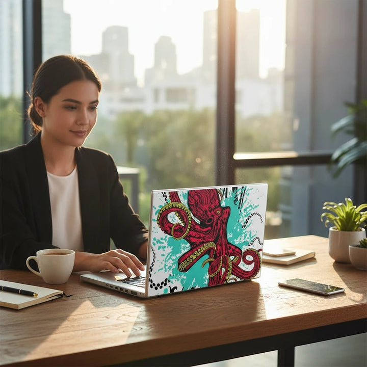 Woman working on a laptop with a Sea Dragon Dreams octopus vinyl skin in a sunlit office with city views.