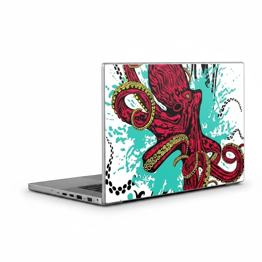 Sea Dragon Dreams laptop skin featuring a detailed red octopus illustration on a white and teal splash background.