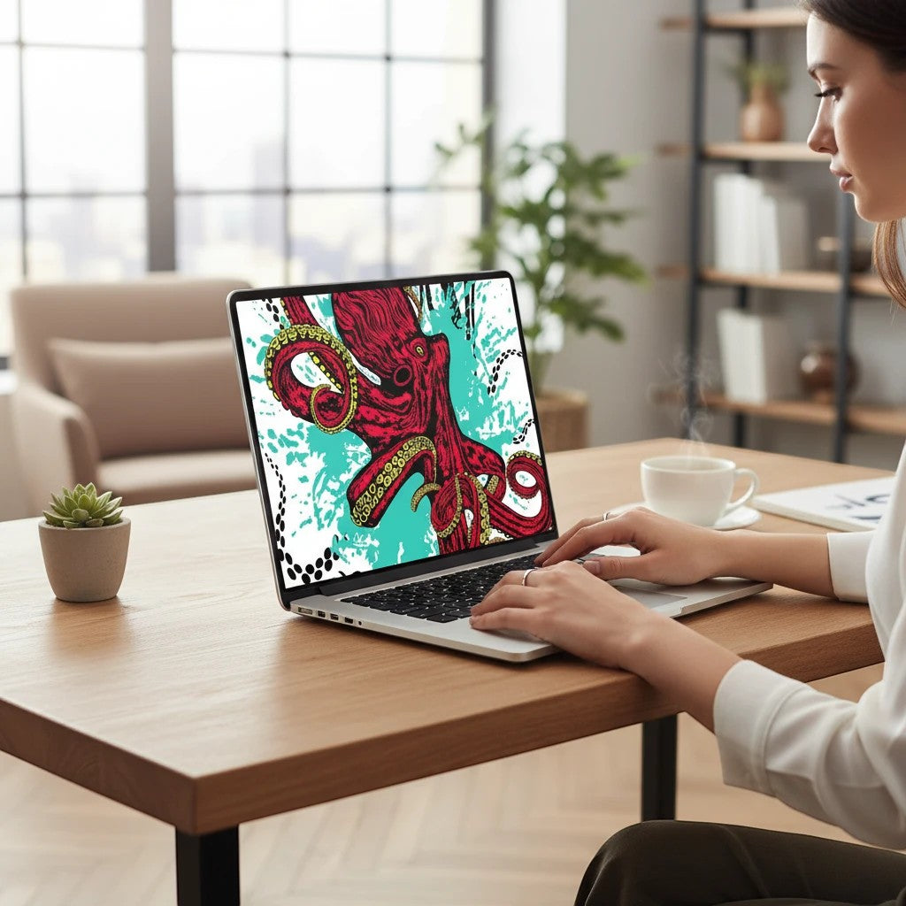 Woman typing on a laptop featuring a Sea Dragon Dreams octopus vinyl skin with red and teal coastal artwork.