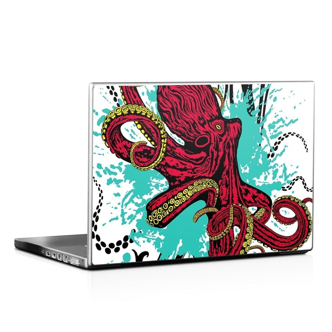 Sea Dragon Dreams octopus laptop lid skin featuring red octopus artwork with teal paint splatters on a white background