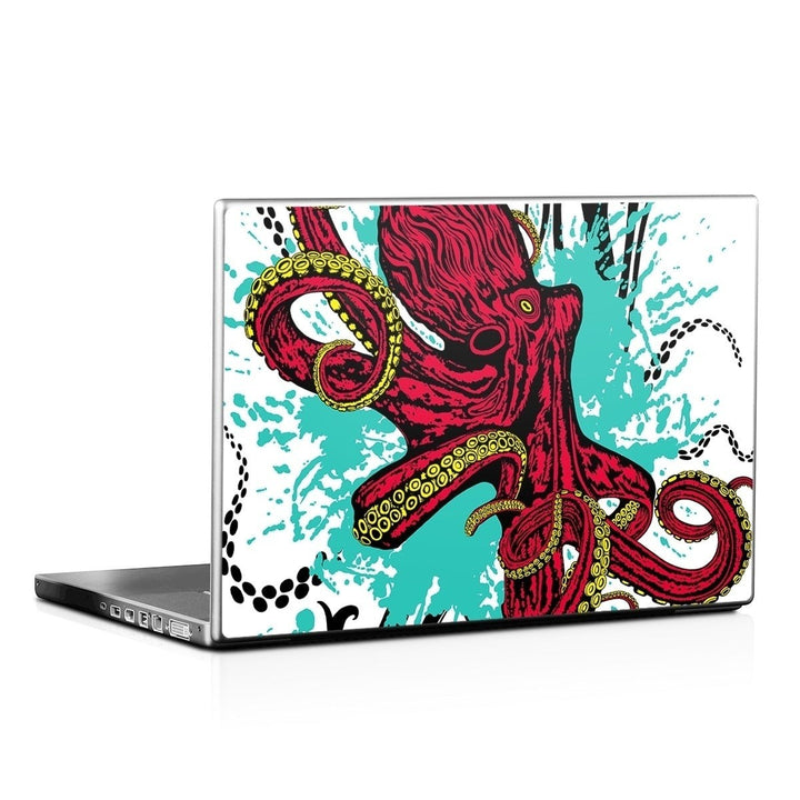 Sea Dragon Dreams octopus laptop lid skin featuring red octopus artwork with teal paint splatters on a white background