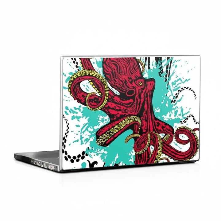 Sea Dragon Dreams octopus laptop lid skin featuring red octopus artwork on a white and teal splash background