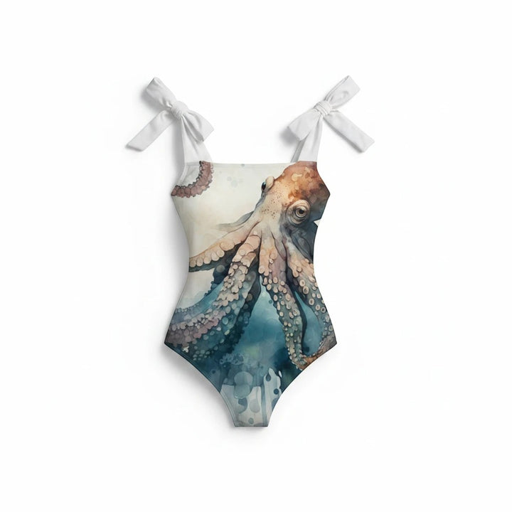 Sea Dragon Dreams octopus print one-piece swimsuit with white tie-shoulder straps and stretch fabric
