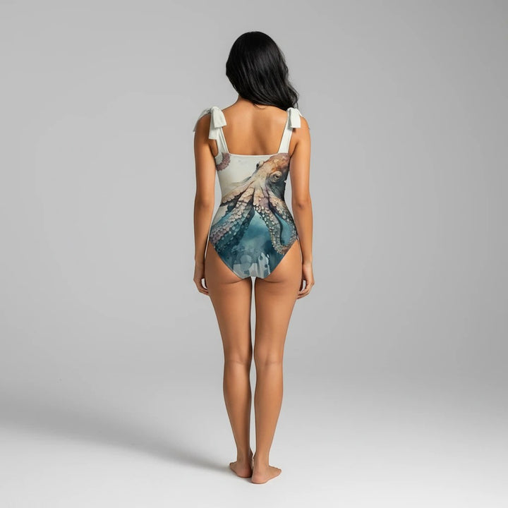 Sea Dragon Dreams women's one-piece swimsuit featuring a detailed octopus print, adjustable straps, and stretch fabric.