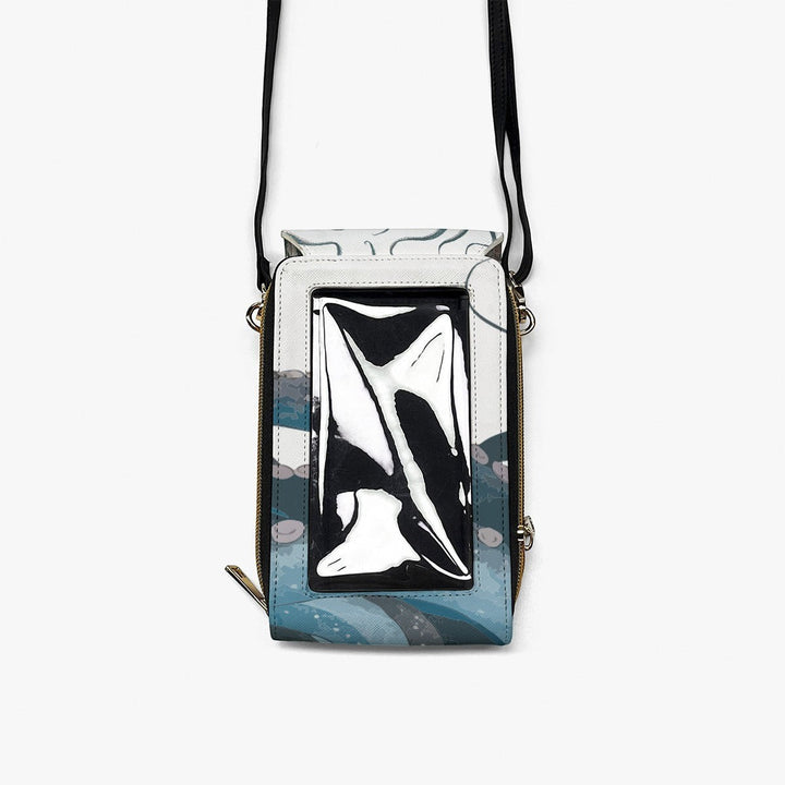 Sea Dragon Dreams octopus mobile phone chest bag in blue and white PU leather with a detachable lanyard.