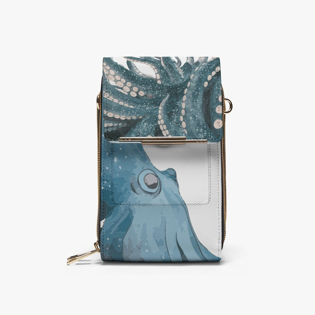 Sea Dragon Dreams octopus mobile phone chest bag in blue PU leather with a detachable lanyard and compact design.