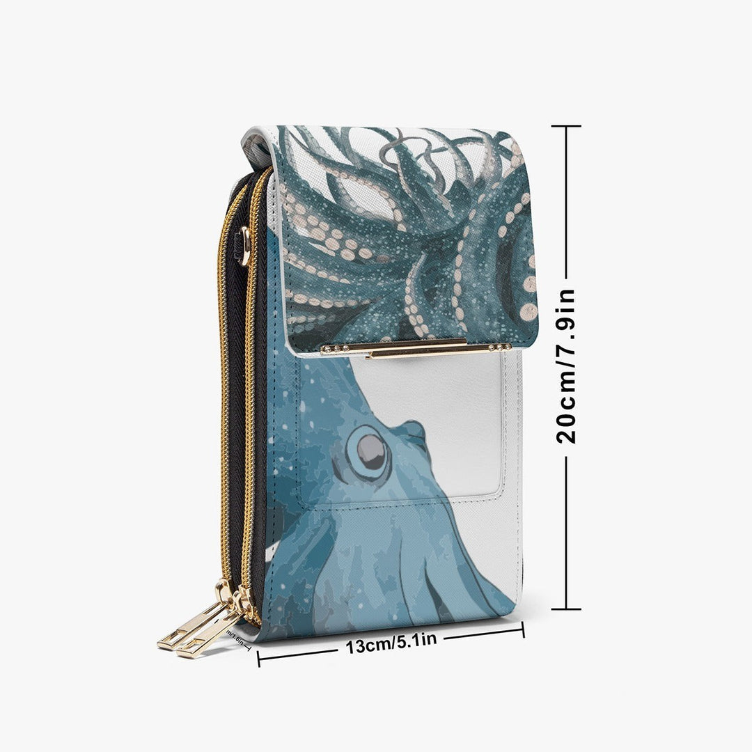 Sea Dragon Dreams octopus mobile phone chest bag in blue and white PU leather with a detachable lanyard