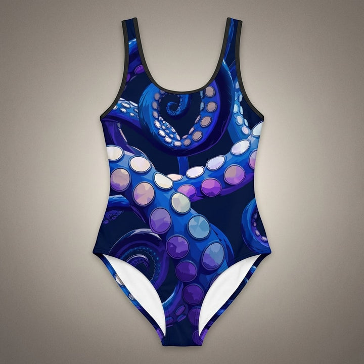 Sea Dragon Dreams vintage swimsuit featuring a vibrant blue octopus tentacle print with a flattering U-neck design.