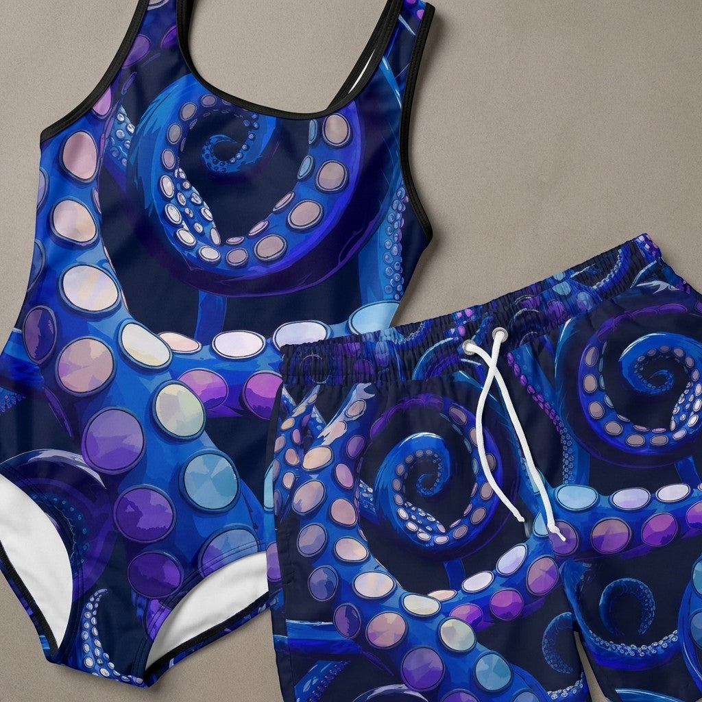 Sea Dragon Dreams vintage swimsuit set featuring a vibrant blue and purple octopus tentacle print with boyshorts