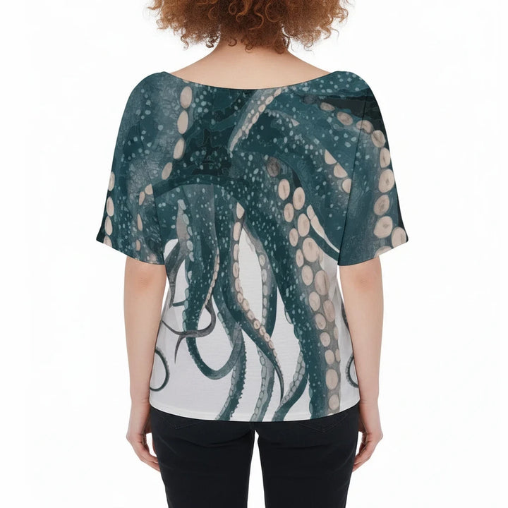 Sea Dragon Dreams women's short-sleeve crew neck t-shirt featuring a detailed blue octopus tentacle all-over print